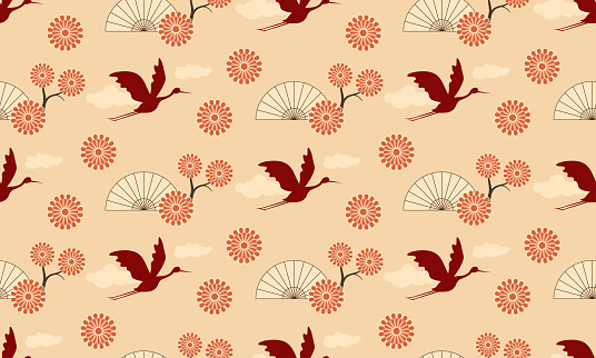 Seamless Chinese or Japanese style wallpaper with a flying bird and a pagoda