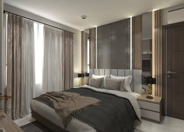 istock Modern Master Bedroom Design with Wooden Wall Background 1904697374