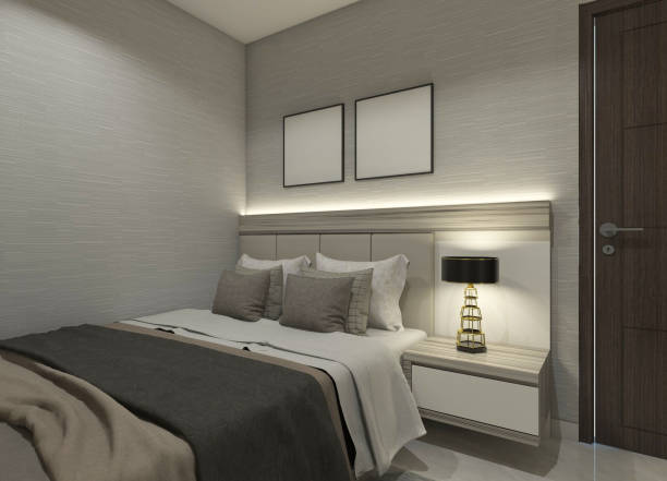 Minimalist bedroom design with cushion headboard and side drawer. Using interior lighting decoration and marble floor.