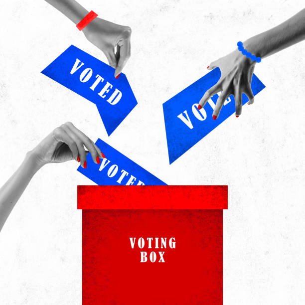 istock Contemporary art collage. positive and encouraging message about voting. People hands putting ballot with inscription voted to box. 1904698437