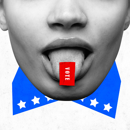 Contemporary art collage. Cropped face of responsible citizen who stuck out his tongue with red sticker with inscription voted. Concept of voting, country, world, elections. citizen participation.