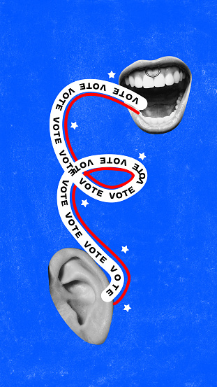 Contemporary art collage. Motivation to vote. Vote message, combined with open mouth which speaking up to ear, reinforces idea of listening. Concept of voting, elections. citizen participation.