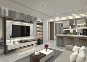 Modern Living Room Design with Tv Cabinet and Kitchen Area