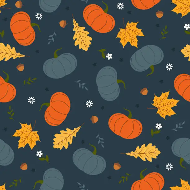 Vector illustration of Seamless pattern with pumpkins, leaves, acorn and flowers. Vector illustration.