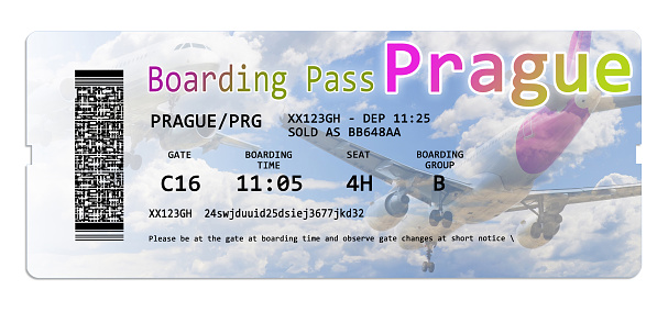 Airline boarding pass tickets to Prague isolated on white - The contents of the image are totally invented and not infringes on another person's intellectual property rights