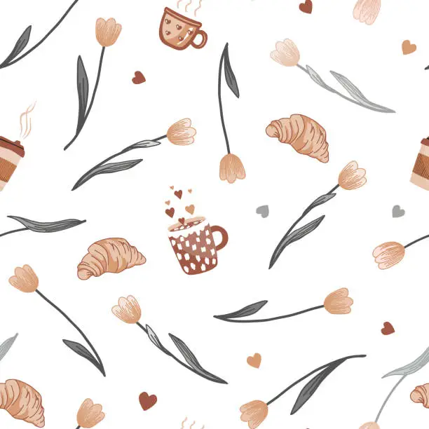 Vector illustration of Delicate and elegant scattered tulip flowers and hot drink mugs and croissants seamless pattern. Beautiful Spring print.