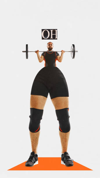 istock Contemporary art collage. Muscular, strong, athletic bearded man, bodybuilder with long legs lifting weights. Trendy magazine style. Championship 2024. 1904733497