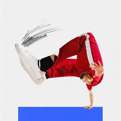 Contemporary art collage. Athletic man, dressed sport clothes performing freestyle freezes in motion. Concept of sport, hobby, fit people in action. trendy magazine style. Championship 2024.