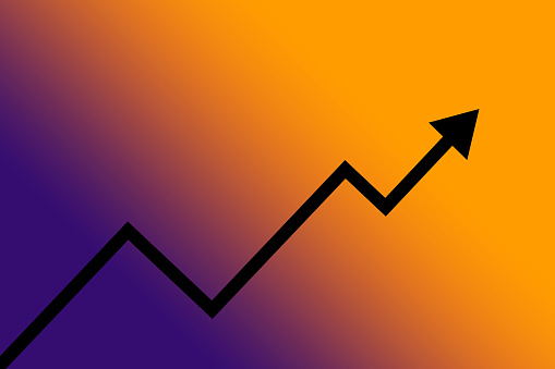 Graph with black arrow on gradient orange and purple backdrop