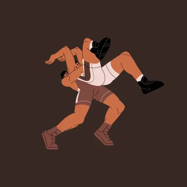 Vector illustration of Freestyle wrestling sportsman lifting opponent, training sport techniques on competitor. Professional fighters go greco roman fight. Martial art competition, battle. Flat isolated vector illustration