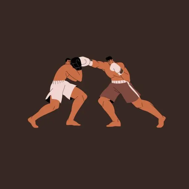 Vector illustration of Box fight. Professional boxers in boxing gloves training techniques, sparring. Strong fighter punches sport competitor. Battle, competition of martial art sportsmen. Flat isolated vector illustration