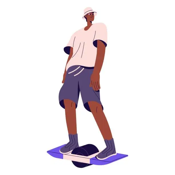 Vector illustration of Happy guy in panama hat rides on hoverboard. Young man skates on self balancing board with one wheel. Urban eco transport, electric vehicle for walking. Flat isolated vector illustration on white