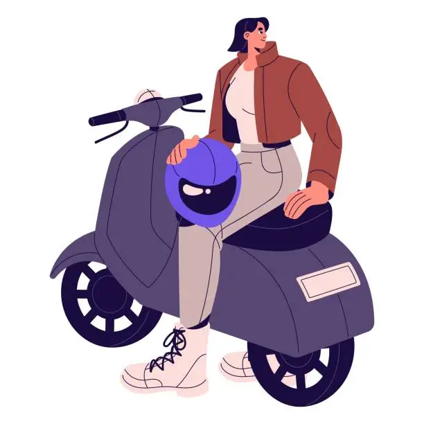Vector illustration of Happy girl sitting on scooter, holds helmet. Motorcyclist rides on motorbike, drives motorcycle. Electric moped, fast eco transport, moto vehicle. Flat isolated vector illustration on white background