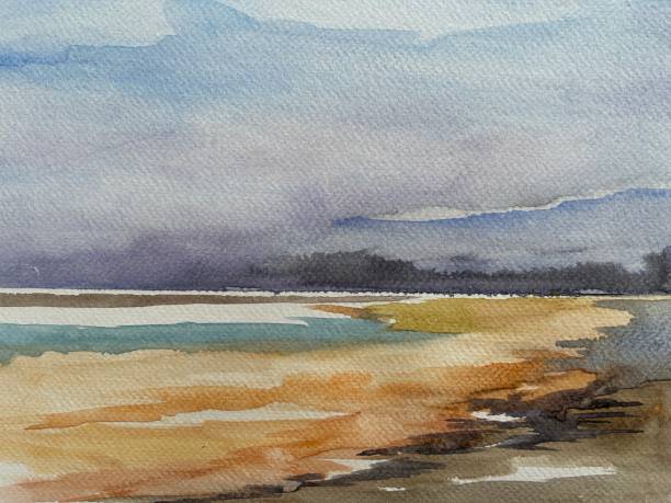 pantai dengan cat air - seascape ilustrasi stok