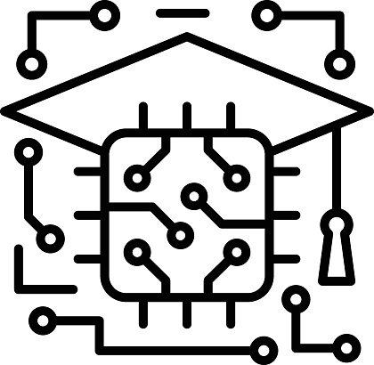 Machine Adaptive learning algorithms concept, Processor with mortarboard vector line icon design, predictive modeling or adaptive control symbol, artificial intelligence sign neural circuit illustration