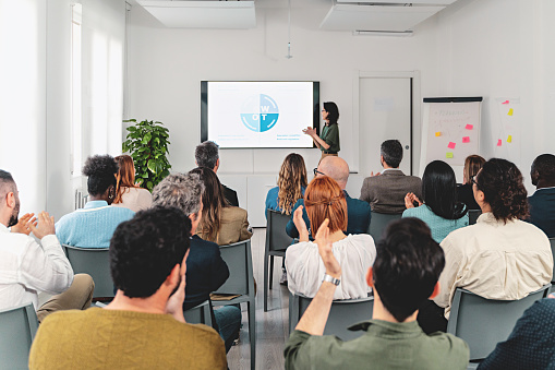 Businesswoman presenting SWOT analysis on large screen in spacious office room. Diverse audience viewed from back, clapping hands. Corporate setting.