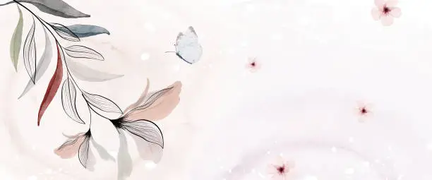 Vector illustration of Abstract watercolor background with botanical and butterfly on watercolor stains