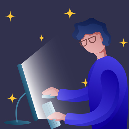 Computer Night Working Drawing Character Works At Night At The Computer Stock Illustration - Download ...