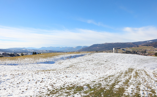 Asiago, VI, Italy - December 9, 2023:  Landscape and War Memorial called OSSARIO del Leiten with snow