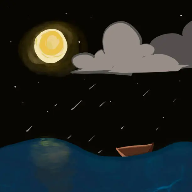 Vector illustration of A small boat floats in the middle of the ocean in the darkness.