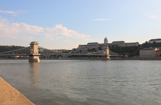 Budapest, B, Hungary - August 18, 2023: Bottom view of the Castle of BUDA and wide Danube River
