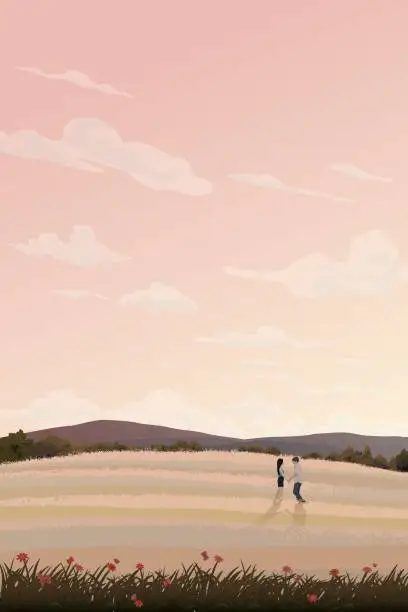 Vector illustration of Couple of lover meeting at meadow on the hill have mountain range with vanilla sky background vector illustration. Journey of sweetheart concept flat design have blank space.
