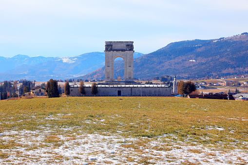 Asiago, VI, Italy - December 9, 2023: War Memorial called OSSARIO del Leiten in winter