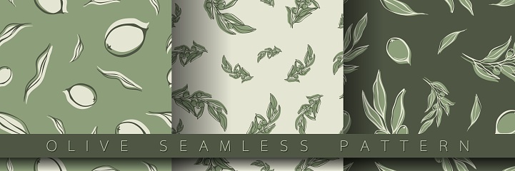 Single Repeat Pattern Olive Set Of Seamless Pattern With Olive Branch In Minimal Liner Style Stock ...