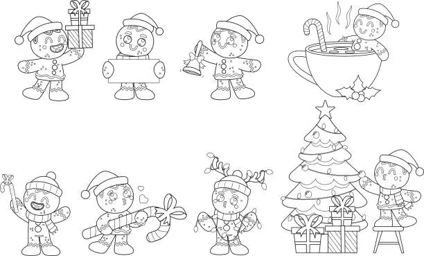 Vector illustration of Outlined Christmas Gingerbread Man Cartoon Character In Different Poses. Vector Hand Drawn Collection Set