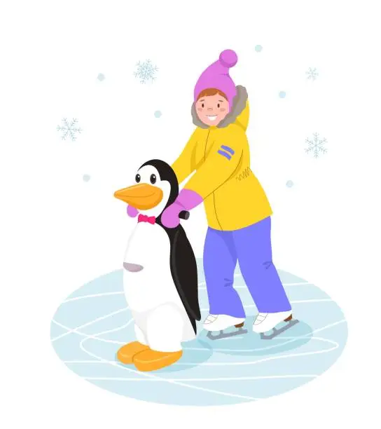Vector illustration of Small child learns to skate on ice with help of aid penguin. Little girl in bright winter overalls holds on to plastic penguin with her hands.