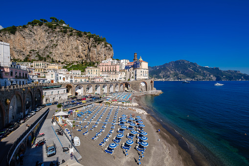 Sea of Amalfi with full of beach umbrellas