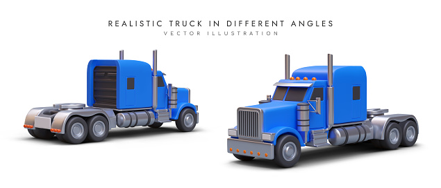 Realistic tractor unit with blue cab, front and rear view. Truck without trailer. Set of isolated images of cargo transport. Detailed illustration on white background