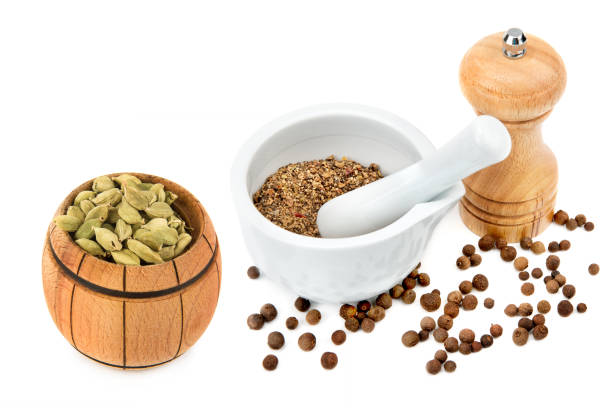 set of spices, mortar with pestle and grinder isolated on white. collage. free space for text. - mortar and pestle spice seasoning coriander seed imagens e fotografias de stock