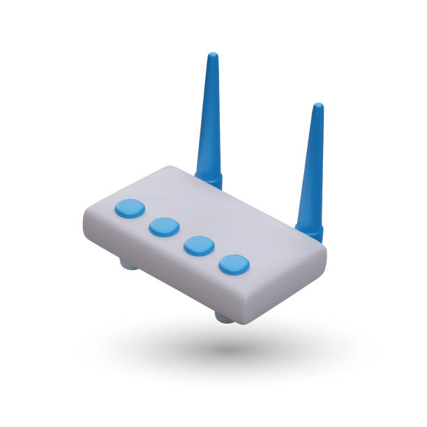 istock Side view of 3d router realistic with blue buttons and antennas 1904921301