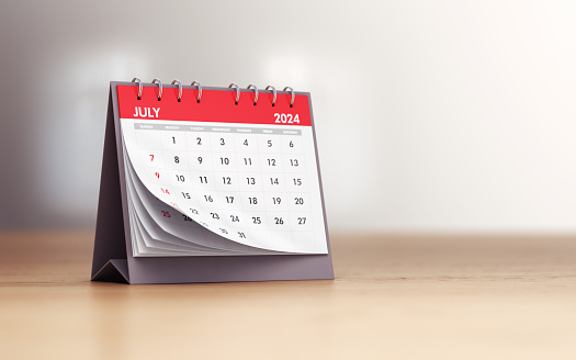 3d render July 2024 Realistic Desk Calendar, Can be used for reminder day, special day concept (Depth Of Field)