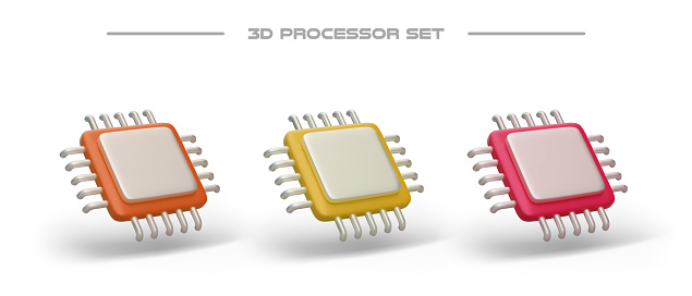 Set of 3D microprocessors of different colors. Empty place for logo. Isolated vector image with shadows. Icons for site, application. Vector for web design