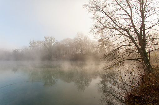 fog over the lake, cold morning, late autumn in natural park
