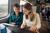 Teenagers travelling by modern train