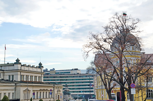 View of the buildings of the National Assembly, the Bulgarian Parliament, the Monument to Tsar Osvoboditel and the Academy of Sciences of Bulgaria in Sofia