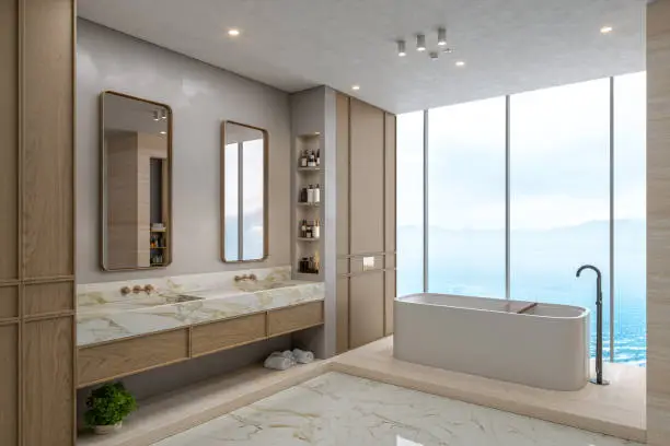 Interior of a modern luxurious bathroom with beige marble.