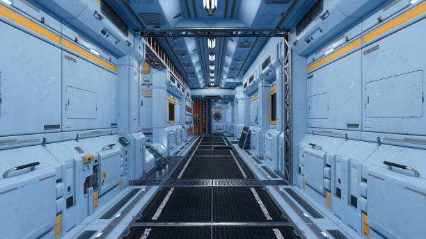 istock Futuristic corridor in a science fiction fantasy space station building. 3D rendering. 1904985572