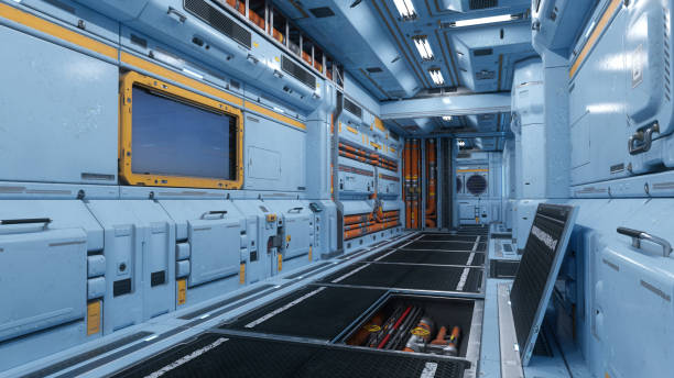 istock Corridor inside a futuristic sci-fi space station building with exposed pipes and cables under the floor. 3D rendering. 1904985914