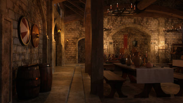 istock Old medieval dining hall at night with Viking shields hanging on the wall. 3D rendering. 1904985924
