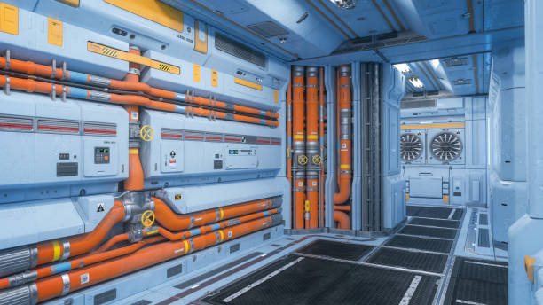 istock Science fiction industrial corridor with blue walls and orange pipes. 3D rendering. 1904985931