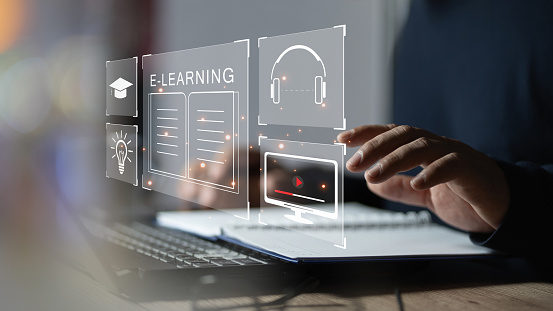 Concept of Online education. man use Online education training and e-learning webinar on internet for personal development and professional qualifications. Digital courses to develop new skills.