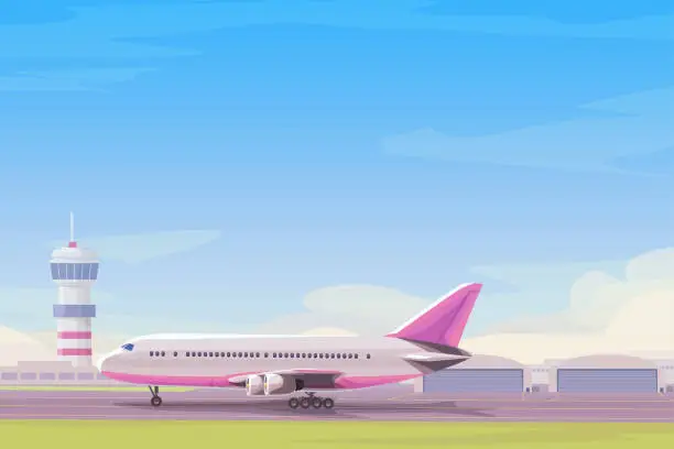 Vector illustration of airplane in airport side view sunny day