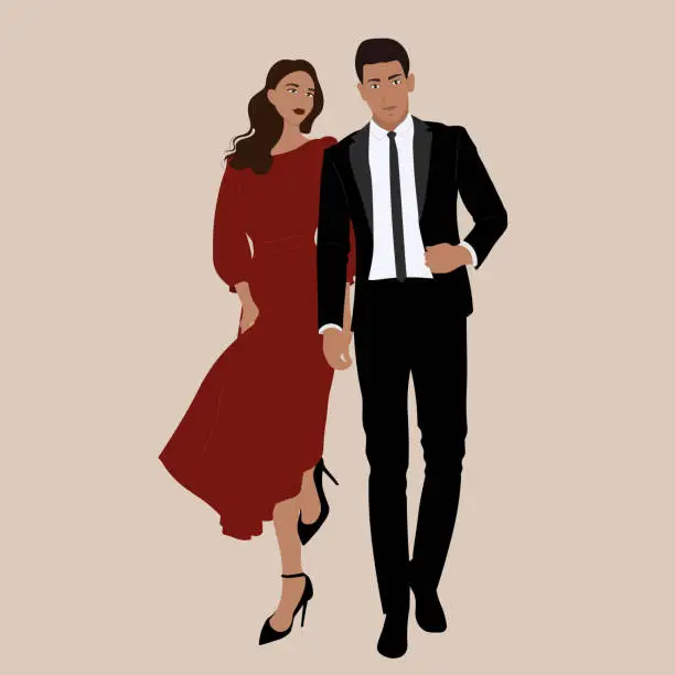 Vector illustration of Couple in evening formal wear, man and woman together isolated on white background.