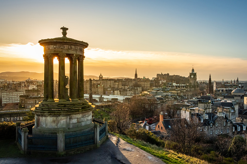 Looking across Princes Street Gardens to the Scott Monument and Balmoral Hotel in the centre of Scotland's capital city, Edinburgh.