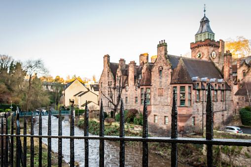 Historic buildings in Dean Village in Edinburgh with the Water of Leith river