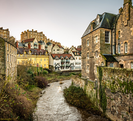 Water of Leith river through Edinburgh, with historic Dean Village buildings